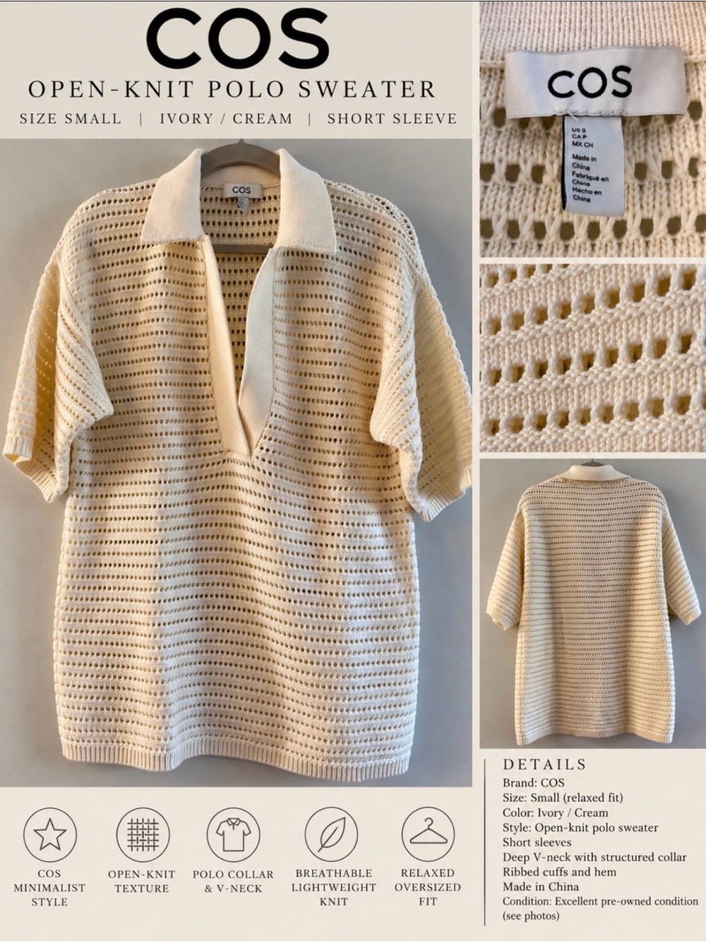COS Cream Open-Knit Polo Sweater
